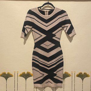 Karen Millen Black and White Knit Bodycon Geometric Strip Midi Dress XS